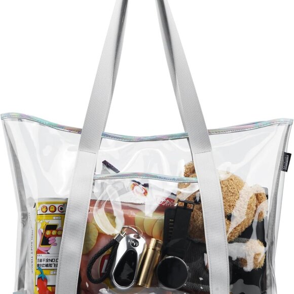 Large Clear Tote PVC Stadium Approved Travel Shopping Work Bag with Pocket - Picture 1 of 7